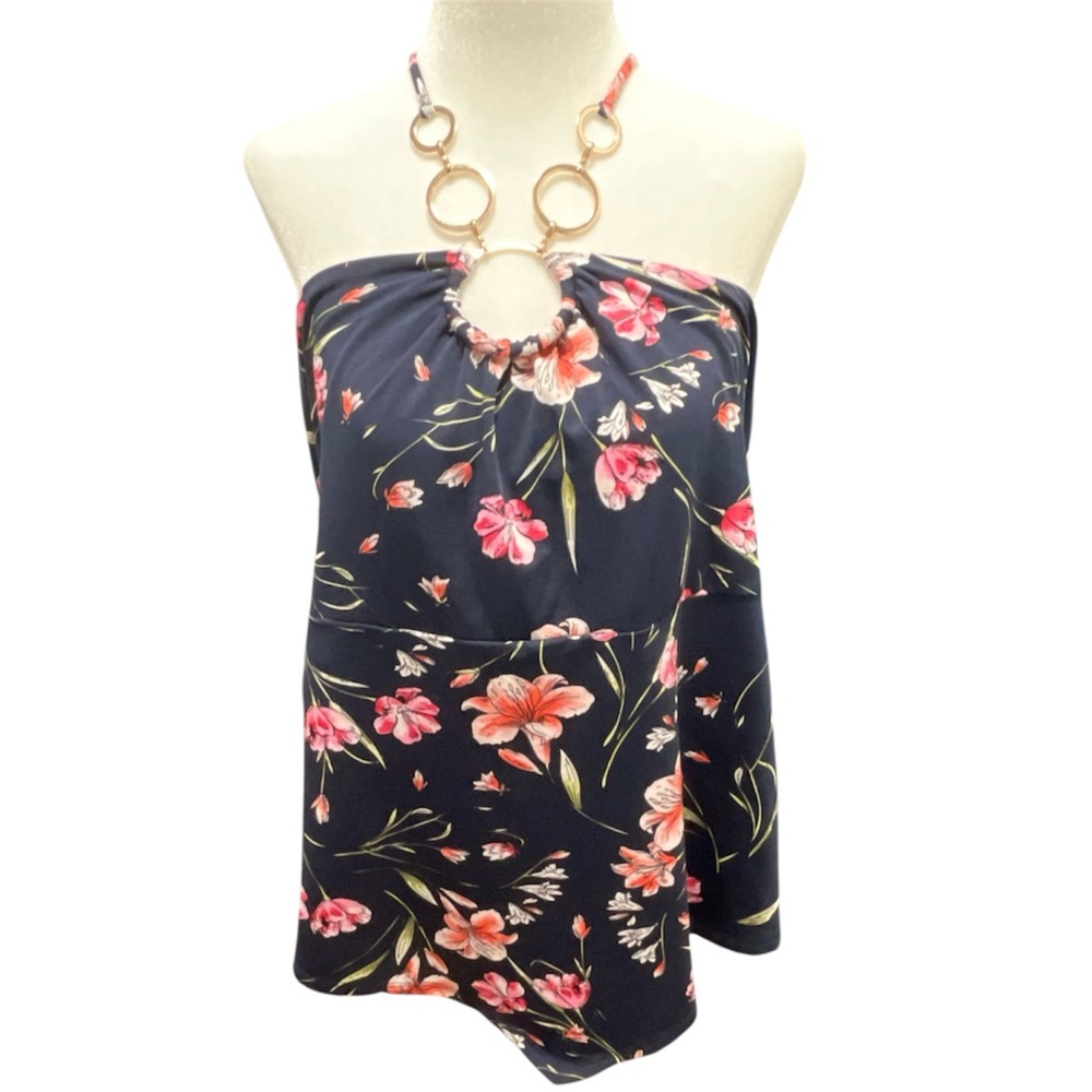 Perseption Blue and Pink Asymmetrical Sleeveless Blouse